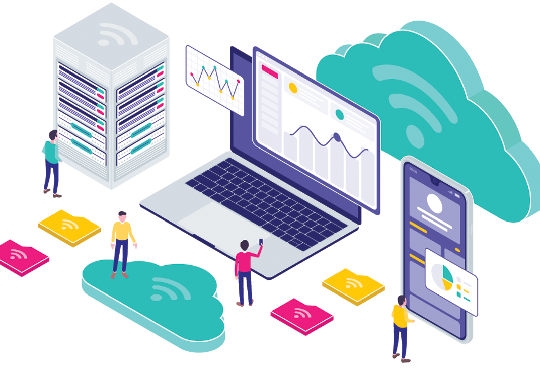 Changing website hosting affects on SEO - Illustration of a laptop, cloud, and people to represent idea. Decorative.