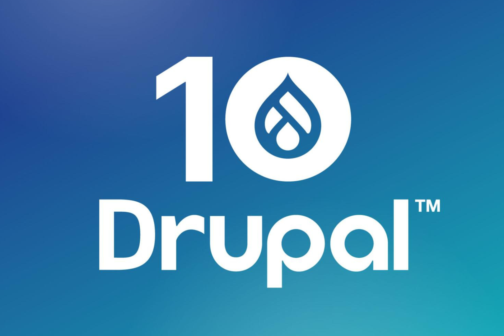 Drupal 10 image shows the word Drupal on a blue gradient background with the number 10 directly above it. Decorative.