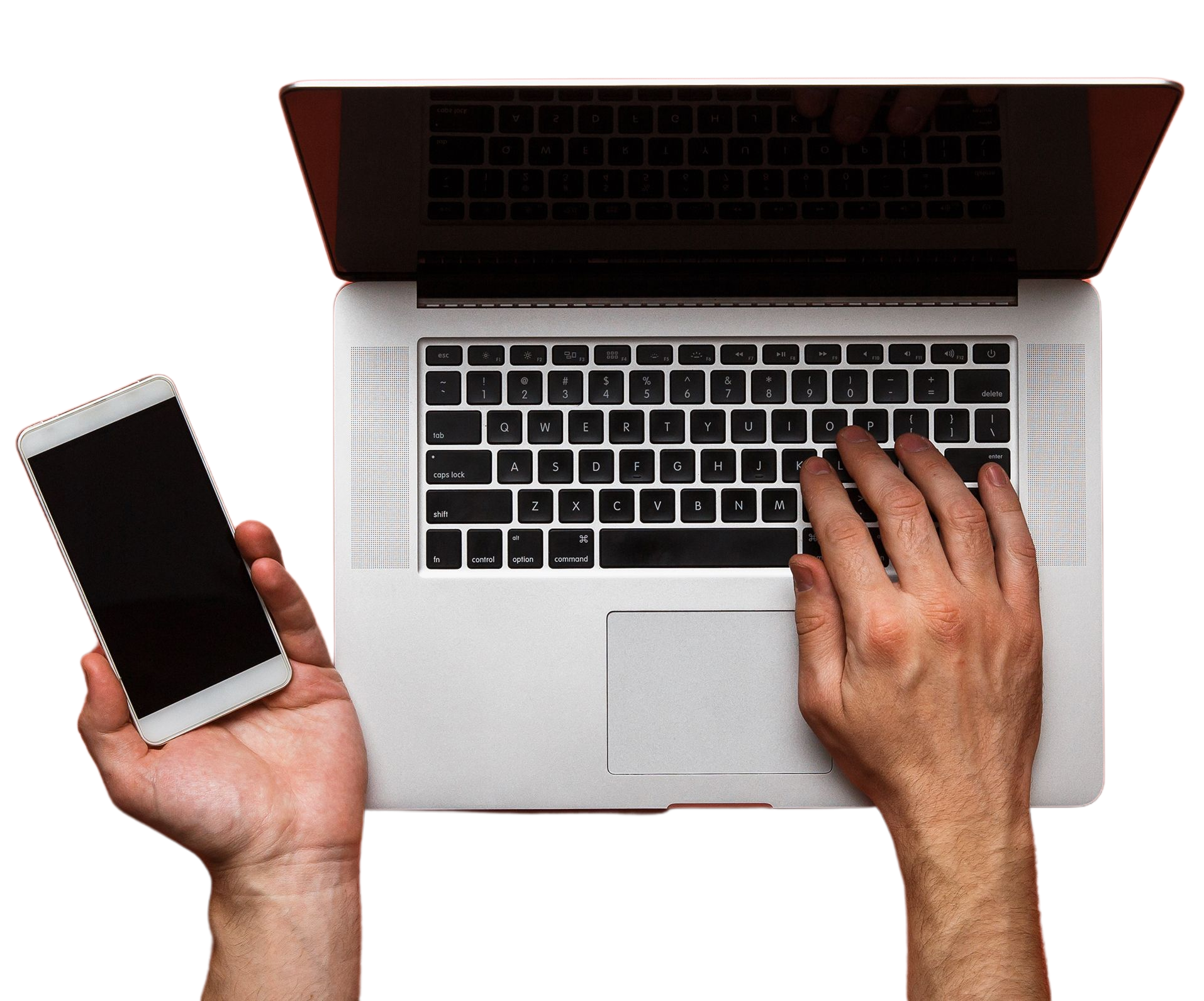 image of laptop with hands. Right hand on a laptop keyboard and cell phone in the left hand. decorative image to represent a website assessment and web design usability.